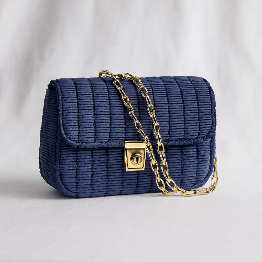 Handmade Navy Blue Knit Canvas Bag: Gold Chain Crossbody Purse - Etsy