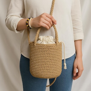 Boho Chic Crochet Bucket Bag - Woven Drawstring Purse for Summer Adventures, Handmade Bag