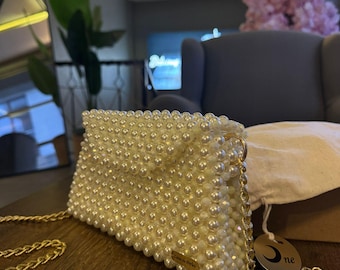 Handmade Pearl Beaded Shoulder Bag, Gold Chain, Ivory Flap Purse