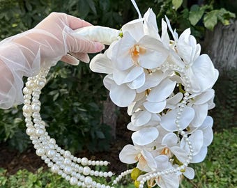 Handmade White Orchid & Pearl Bridal Bouquet | Elegant Artificial