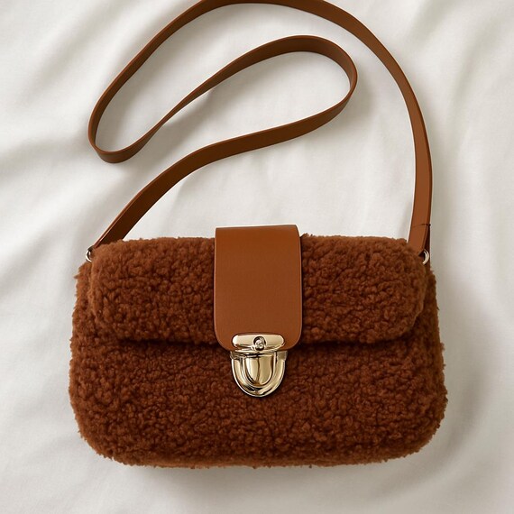 Faux Shearling Shoulder Bag: Handmade Teddy Fabric Purse With