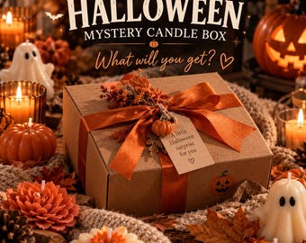 May include: A brown cardboard box tied with an orange ribbon, decorated with dried foliage and a small pumpkin charm. A tag reads A little Halloween surprise for you. The box is labeled Halloween Mystery Candle Box, What will you get?