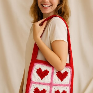 Boho Love Story Crochet Bag - Valentine&#39;s Day Tote, Red White Pink Granny Square, Romantic Shoulder Purse
