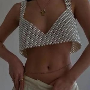 Handmade Pearl Beaded Bralette, Adjustable Ribbon Back, Bridal Festival Outfit