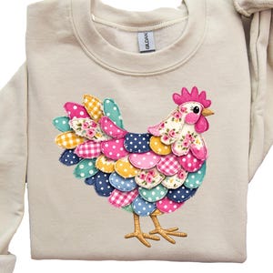 Trendy Women’s Chicken Sweatshirt, Faux Patchwork Floral Hen Sweat Design, Boutique Farmhouse Coquette Country Girl Hoodie Multi