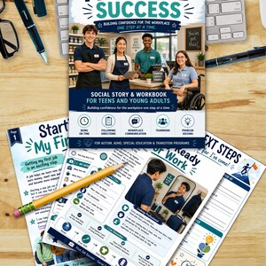 May include: A First Job Success social story and workbook for teens and young adults featuring a cover with four diverse individuals in a workplace setting, alongside interior pages with checklists, illustrations, and a yellow pencil on top.