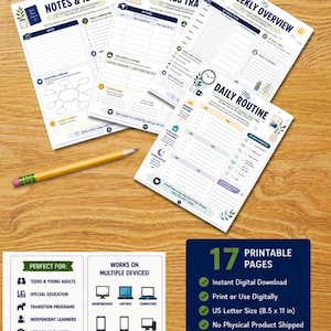 Può includere: Un set di pagine stampabili per agenda tra cui My Notes & Ideas, Success Tracker, Weekly Overview e Daily Routine, accompagnato da una matita gialla. Il testo include informazioni su 17 pagine stampabili in formato US Letter 21,59 x 27,94 cm.