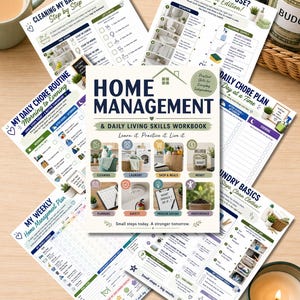 May include: A collection of printed home management and daily living skills workbooks featuring checklists, chore routines, and instructional guides for cleaning, laundry, and meal planning, with text including Home Management & Daily Living Skills Workbook.
