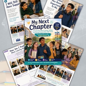 May include: A collection of educational materials titled My Next Chapter, featuring a central book cover with illustrations of diverse teenagers, surrounded by worksheets and informational pages about transitioning from high school to future life stages.