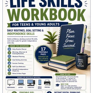 Puede incluir: Un libro de ejercicios de habilidades para la vida para adolescentes y jóvenes adultos con un cuaderno de espiral azul oscuro con el texto Plan. Focus. Grow. Succeed. Una taza azul oscuro con el texto Small Steps Big Future, un bolígrafo y dos cuadernos.