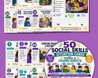 Op de afbeelding: Een set van 50 sociale vaardigheidskaarten voor tieners en jongvolwassenen, met geïllustreerde scenario's, genummerde labels en een succeswerkblad. De kaarten bevatten tekstprompts voor sociale interacties, conflicten en communicatie.