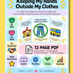 Op de afbeelding: Een 12-pagina tellende PDF educatieve bron getiteld Keeping My Hands Outside My Clothes. Het bevat kleurrijke illustraties, iconen en tekstprompts over lichaamsbewustzijn, veiligheid en respect, inclusief kaarten met een school, een broek en een bus.
