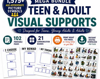 May include: A 102-page digital mega bundle of teen and adult visual supports featuring 1,575+ picture symbols, 21 communication boards, and printable PDF files. Includes I Choose, My Reward, and My Tokens charts with daily task illustrations.