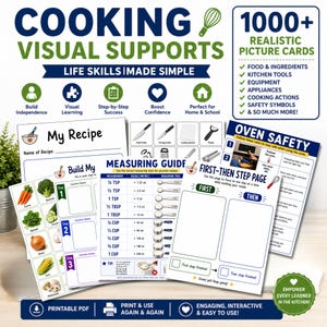 Puede incluir: Un conjunto de tarjetas visuales educativas de cocina que incluyen una guía de medidas, plantillas de recetas e instrucciones de seguridad en el horno. Los materiales contienen ilustraciones de alimentos, utensilios y guías paso a paso.