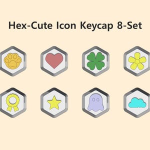 May include: A set of eight hexagonal keycaps with various icons, including a paw print, heart, four-leaf clover, flower, ribbon, star, ghost, and cloud. The text "Hex-Cute Icon Keycap 8-Set" is displayed above the keycaps.