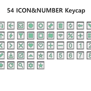 May include: A collection of 54 keycaps with icons and numbers. Each keycap has a silver frame and a light green icon or number on a white background. The text "54 ICON&NUMBER Keycap" is at the top.