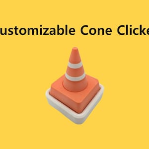 May include: A 3D rendering of a customizable cone clicker. The clicker is orange with white stripes and sits on a square base. The base is orange with a white border. The background is yellow. Text at the top reads "Customizable Cone Clicker."
