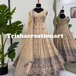 Designer Anarkali gown Floral dupatta and pant, Heavy embroidery work flared gown 3 pc set, Indian pakistani long gown, wedding wear suit