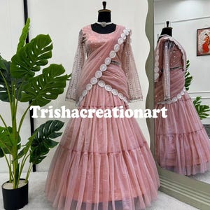 Celebrities inspired georgette sequins thread with ruffle work Pearl Beads Lace Saree Bollywood Style Saree< wedding saree, Festivals Wear
