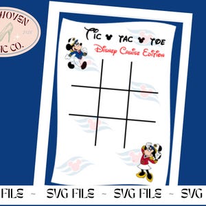 Puede incluir: Una hoja blanca con una cuadrícula de tres en raya, con ilustraciones de Mickey y Minnie Mouse. El texto "Tic Tac Toe Disney Cruise Edition" se muestra en la parte superior. El logotipo de Woven Magic Co. está en la esquina superior izquierda.