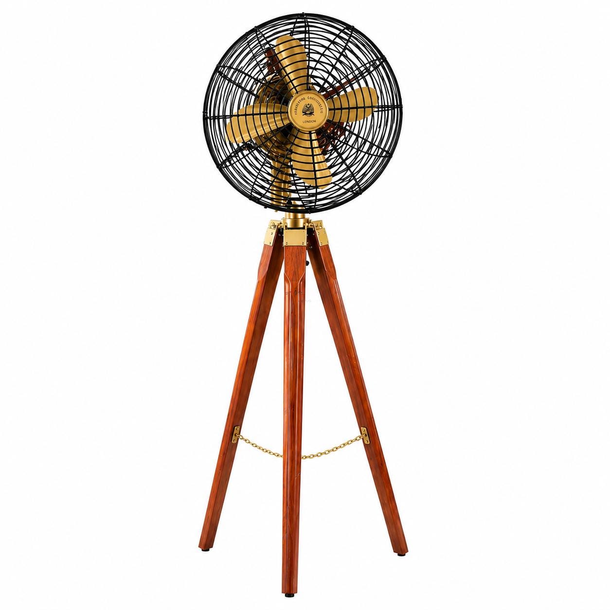Vintage Tripod Floor Fan, 50 Inch, Antique Black, Brass Accents, Nautical Industrial Decor
