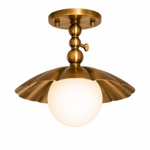 Mid Century Brass Globe Ceiling Light, Flush Mount Scalloped Fixture, Modern Bedroom Entryway Hallway Lighting
