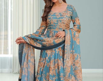 Dusty Blue Anarkali Suit for Women, Floral Printed Indian Party Wear Dress, Designer Ethnic Outfit with Dupatta.