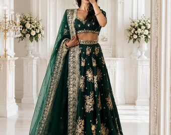 Conjunto de Lehenga Choli verde esmeralda con bordados de espejos para recepción de boda india, vestido de dama de honor, tallas grandes, listo para enviar a EE. UU.