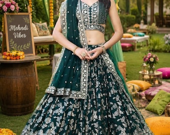 Emerald Green Lehenga Choli for Women, Heavy Embroidered Indian Wedding Lehenga, Bridal Reception Outfit with Dupatta.