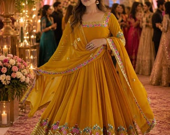 Mustard Yellow Anarkali Suit for Women, Indian Ethnic Dress, Embroidered Party Wear Gown with Dupatta.