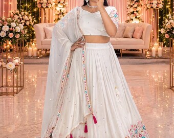 White Floral Lehenga Choli for Women, Designer Indian Wedding Dress, Embroidered Lehenga Set, Bridesmaid Outfit, Reception Wear.