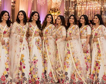 Floral Lehenga Choli for Women, Ivory Embroidered Lehenga, Indian Wedding Outfit, Designer Bridal Wear.