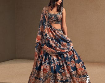 Navy Blue Floral Lehenga Choli for Women, Designer Indian Wedding Dress, Pakistani Bridal Lehenga, Luxury Ethnic Party Wear with Dupatta.