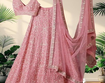 Pastel Pink Lehenga Choli for women: Zari Embroidery, Indian Wedding Wear Reception Wear Lehengas