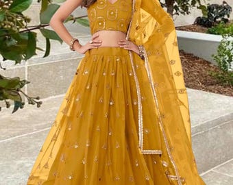 Mustard Yellow Lehenga Choli for Women, Indian Wedding Guest Dress, Mehendi Outfit, Bridesmaid Lehenga, Party Wear.