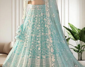 Sky Blue Embroidered Net Lehenga Choli: Wedding Reception Wear Indian set