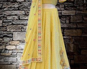 Gul Lehenga Choli för kvinnor, indiskt bröllop Lehenga-set, blommigt broderat etniskt kläder med Dupatta.