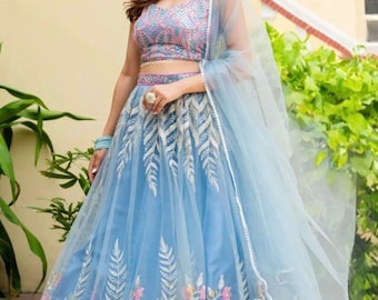 Dusty Blue Lehenga Choli for Women, Embroidered Indian Wedding Lehenga, Designer Bridesmaid Outfit with Dupatta.