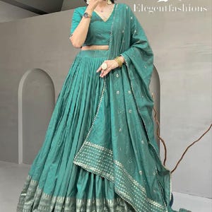 Sea Green Chanderi Silk Lehenga indian Wedding lehenga Party wear & Reception Outfit Gota Patti-Sequin Embroidery Dupatta with Lace Border