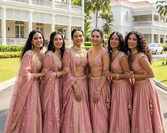 Bruidslehenga choli in stoffig roze, blushroze trouwlehenga voor dames, designer geborduurde receptielehenga, outfit voor sangeet- of verlovingsfeest