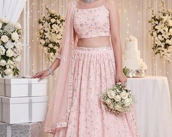 Blush Pink Georgette Lehenga Choli, Zari Sequence Embroidery, Bridal Reception outfit