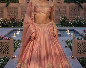 Peach Pink Bridal Lehenga Choli | Indian Wedding Lehenga | Embroidered Party Wear Lehenga | Pink Engagement Outfit | Sangeet Dress