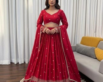 Conjunto de lehenga choli nupcial rojo para mujer, conjunto de lehenga para boda india, lehenga bordada para fiestas con dupatta, atuendo para recepción.