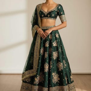 Verde azulado hermosa función de boda india lehanga choli, ropa de fiesta ghaghra choli briadmaids lehagha choli ropa tradicional lehanga choli.