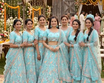 Pastel Blue Embroidered Lehenga Choli Set | Indian Wedding Bridal Party outfit