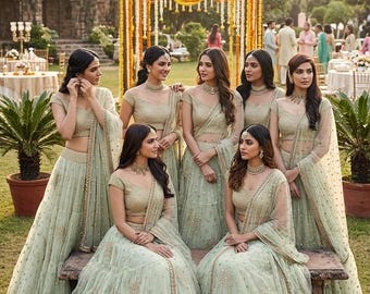 Conjunto de Lehenga Choli verde salvia, Lehenga nupcial en tonos pastel, Lehenga de red bordada con Dupatta, Traje de boda indio.