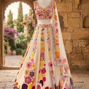 Wedding Wear Multi Thread Sequence Work Simple White Lehenga Choli...