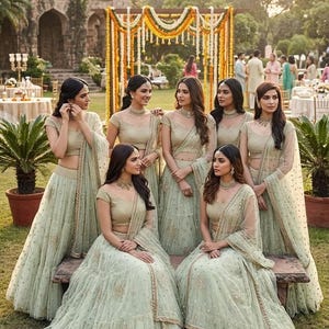 May include: Seven women wearing matching sage green and gold embellished formal dresses pose outdoors. The dresses feature intricate embroidery and flowing skirts. The setting appears to be a garden, with a decorative archway in the background.