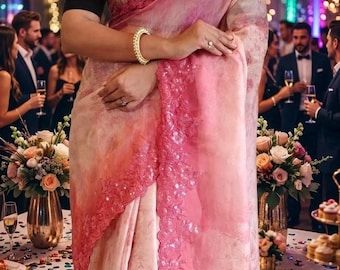 Pink Organza Saree for Women, Floral Printed Saree with Embroidered Border, Designer Party Wear Saree.