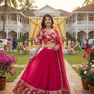 May include: A vibrant fuchsia lehenga set featuring a cropped blouse with short sleeves and a high-waisted, floor-length skirt. Both pieces are adorned with a repeating gold leaf pattern, and a matching sheer fuchsia dupatta with gold trim.